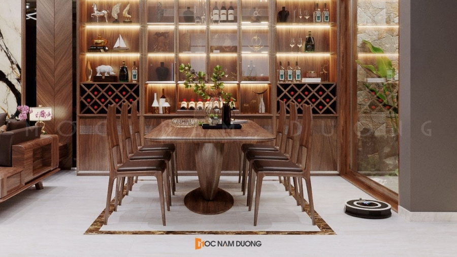 Không gian phòng bếp hiện đại và đẳng cấp với thiết kế bàn ghế ăn gỗ óc chó