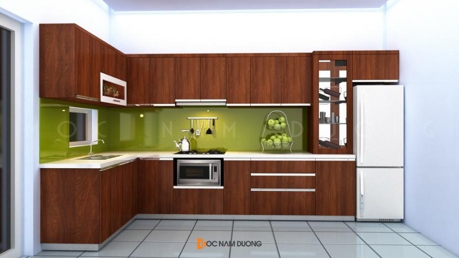 Tủ bếp đẹp chữ L với chất liệu gỗ công nghiệp bề mặt phủ Veneer óc chó