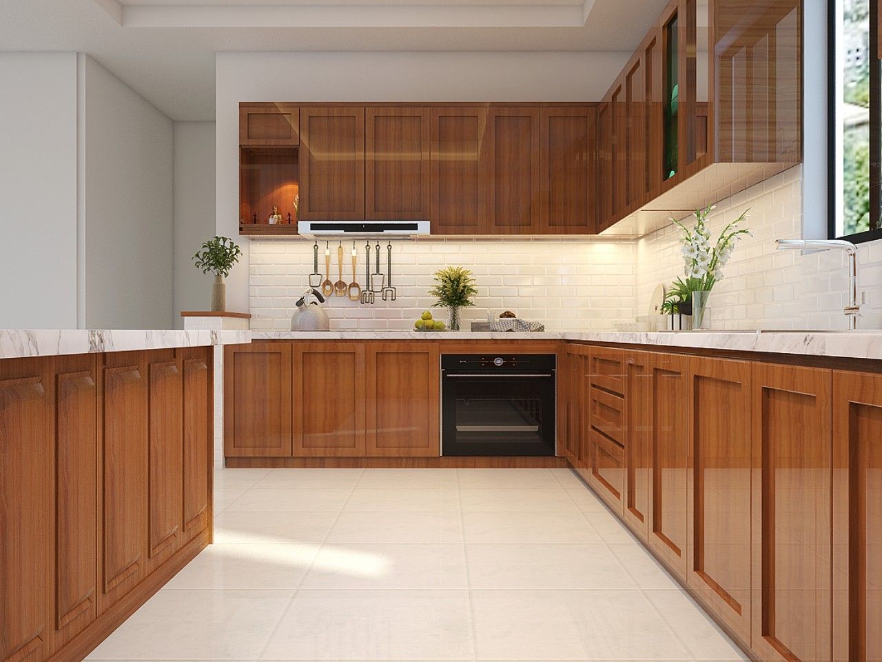 Nếu bạn lựa chọn gỗ gõ đỏ để đóng tủ bếp thì đây cũng được đánh giá cao về độ bền