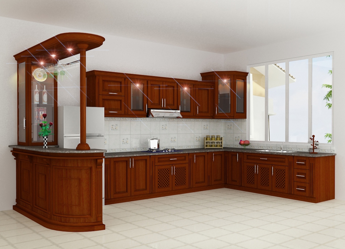 Tủ bếp từ gỗ căm xe có màu sắc và vân gỗ đẹp, tạo cảm giác ấm cúng cho phòng bếp