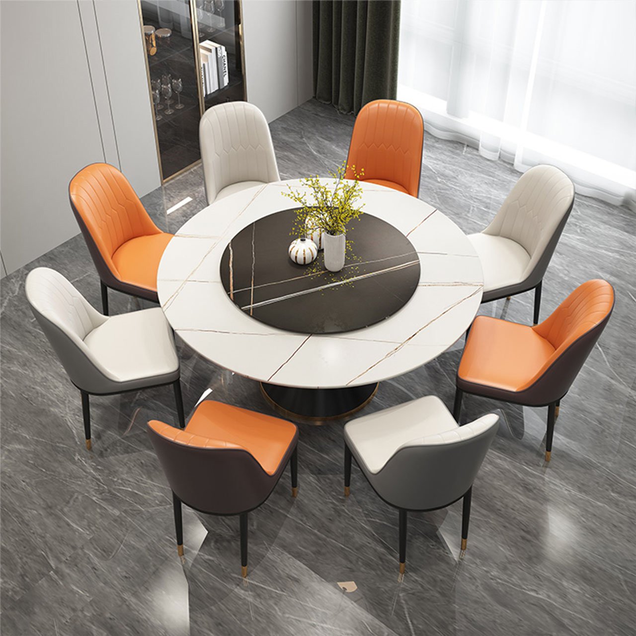 Mẫu bàn ăn tròn 8 ghế với mặt bàn đá ceramic
