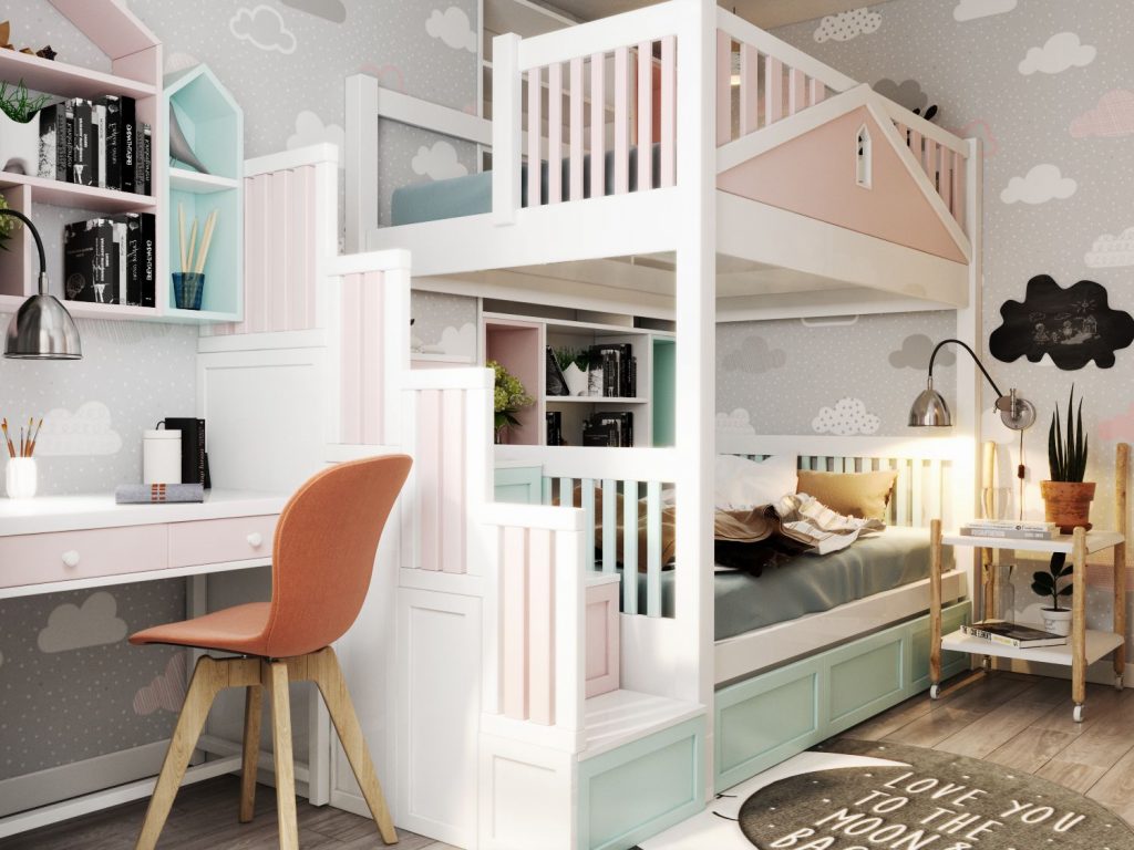 Mẫu giường tầng thông minh cho bé gái siêu đáng yêu với tone màu hồng xanh ngọt ngào