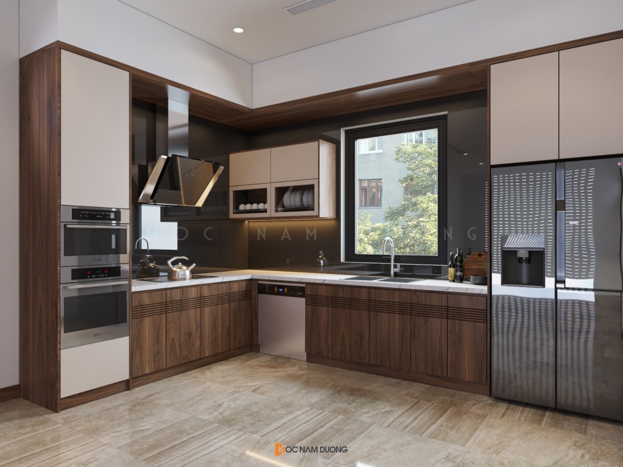 Thiết kế nội thất gỗ óc chó hiện đại hạng mục phòng bếp