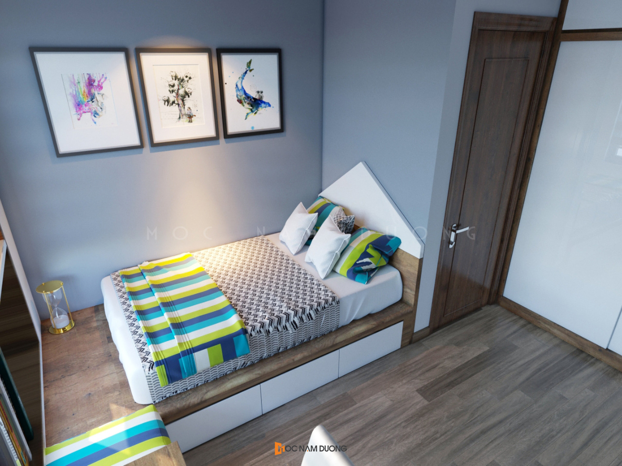 Phòng ngủ đẹp của bé trai thường sử dụng các tone màu xanh khoẻ khoắn và kích thích trí sáng tạo