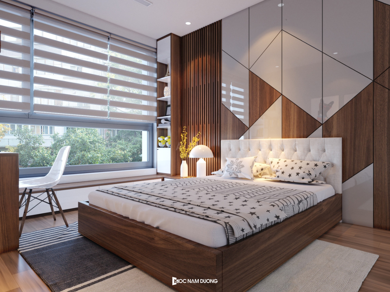 Thiết kế chung cư phòng ngủ bằng gỗ óc chó tự nhiên phong thuỷ