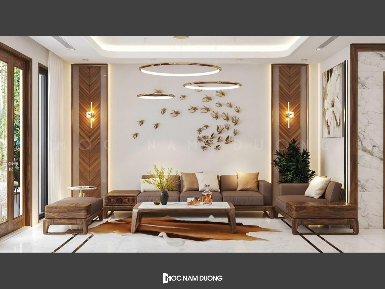 Thiết kế phòng khách đẹp nổi bật với decor treo tường