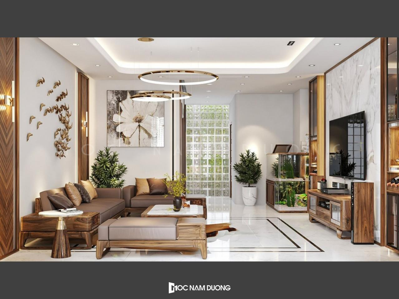 Ý tưởng thiết kế phòng khách ấn tượng với nội thất gỗ tự nhiên
