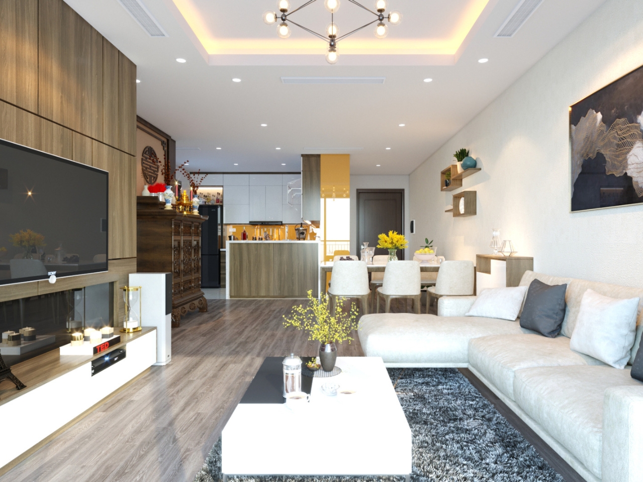 Phòng khách chung cư thiết kế hoà quyện màu sắc nổi bật và ấn tượng