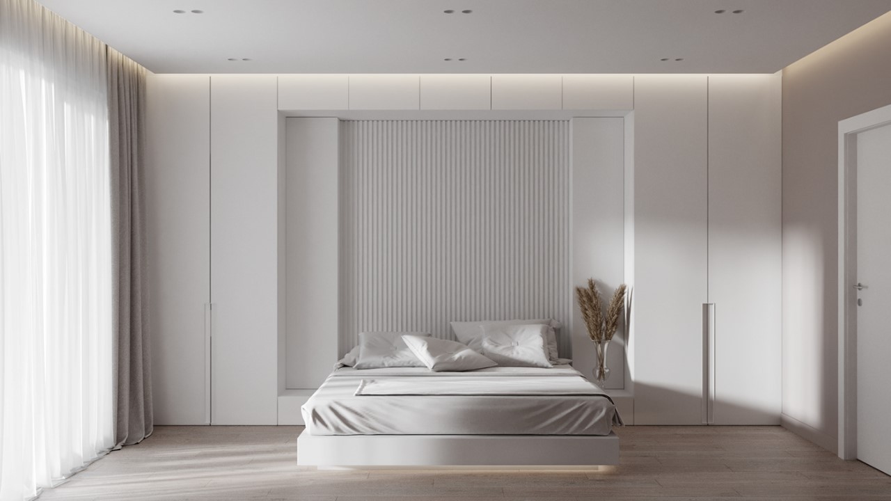 Mẫu thiết kế phòng ngủ đẹp phong cách tối giản với giường ngủ làm món đồ trung tâm