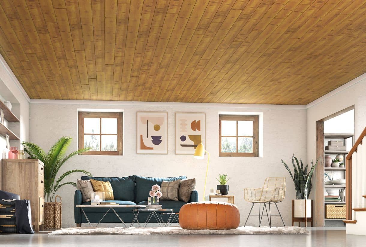 Trần sàn gỗ công nghiệp phòng khách