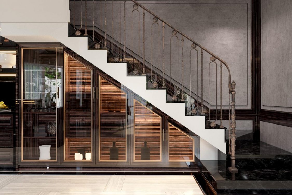 Ý tưởng thiết kế tủ rượu dưới gầm cầu thang phòng khách đẹp