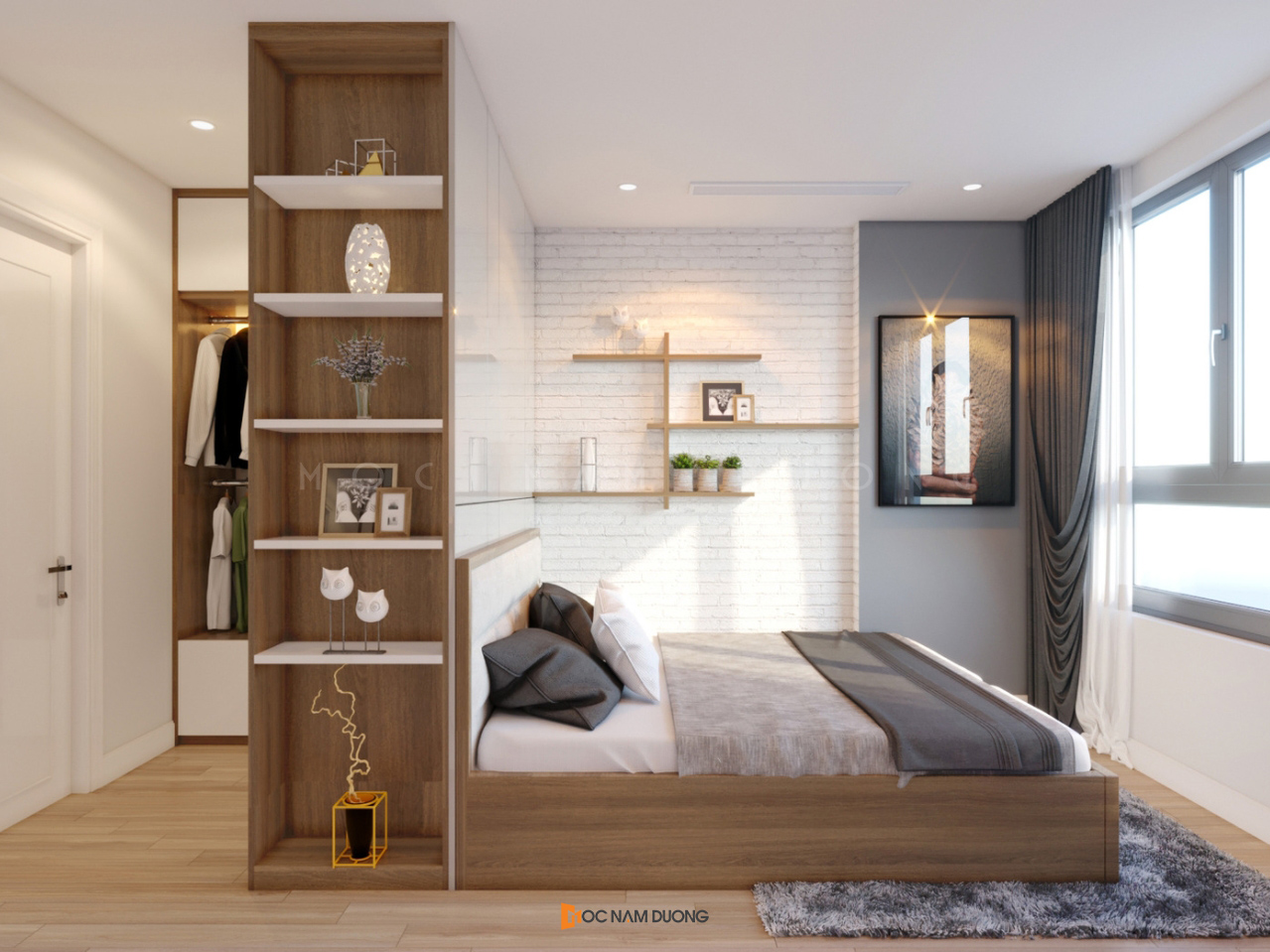 Thiết kế tủ quần áo kết hợp giường ngủ đồng bộ chất liệu gỗ công nghiệp