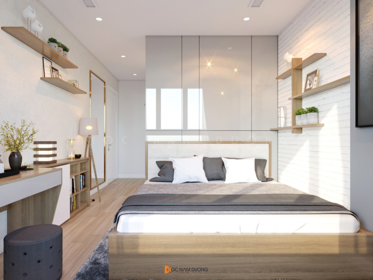 Không gian phòng ngủ với tủ áo gỗ công nghiệp mặt Acrylic bóng gương sáng bóng