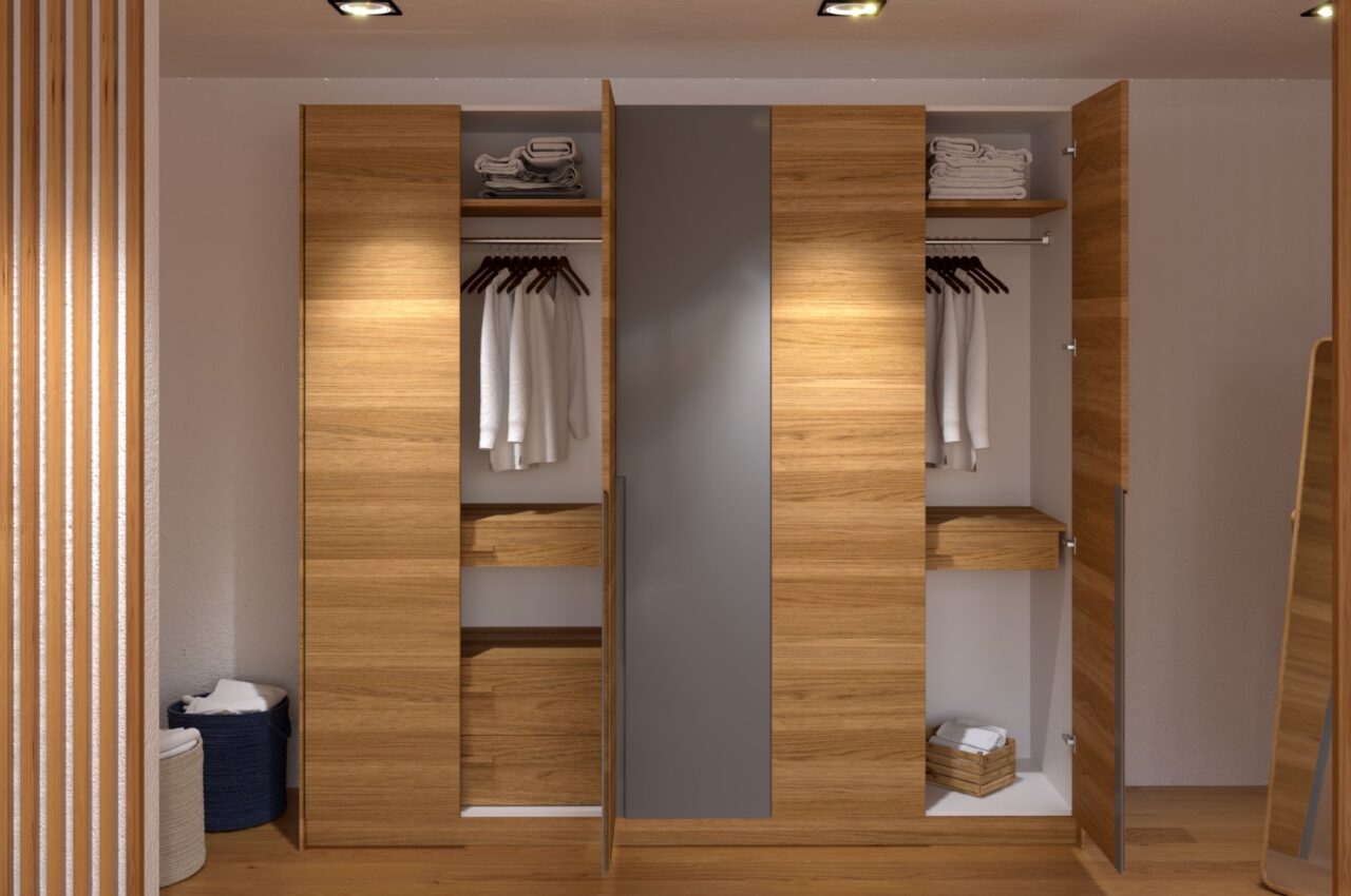 Tủ quần áo gỗ công nghiệp với tone màu gỗ rất sang trọng và tô điểm cho không gian