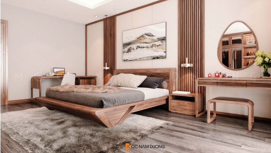 Bộ giường ngủ gỗ óc chó đẹp với tone màu sang trọng 