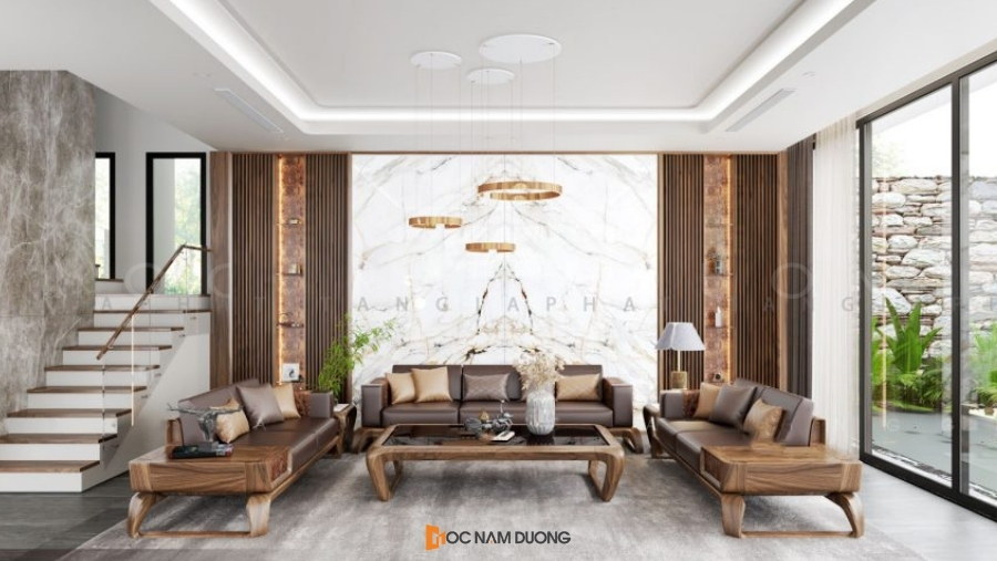 Lựa chọn kích thước sofa gỗ óc chó chữ U phù hợp với không gian sử dụng của phòng khách 