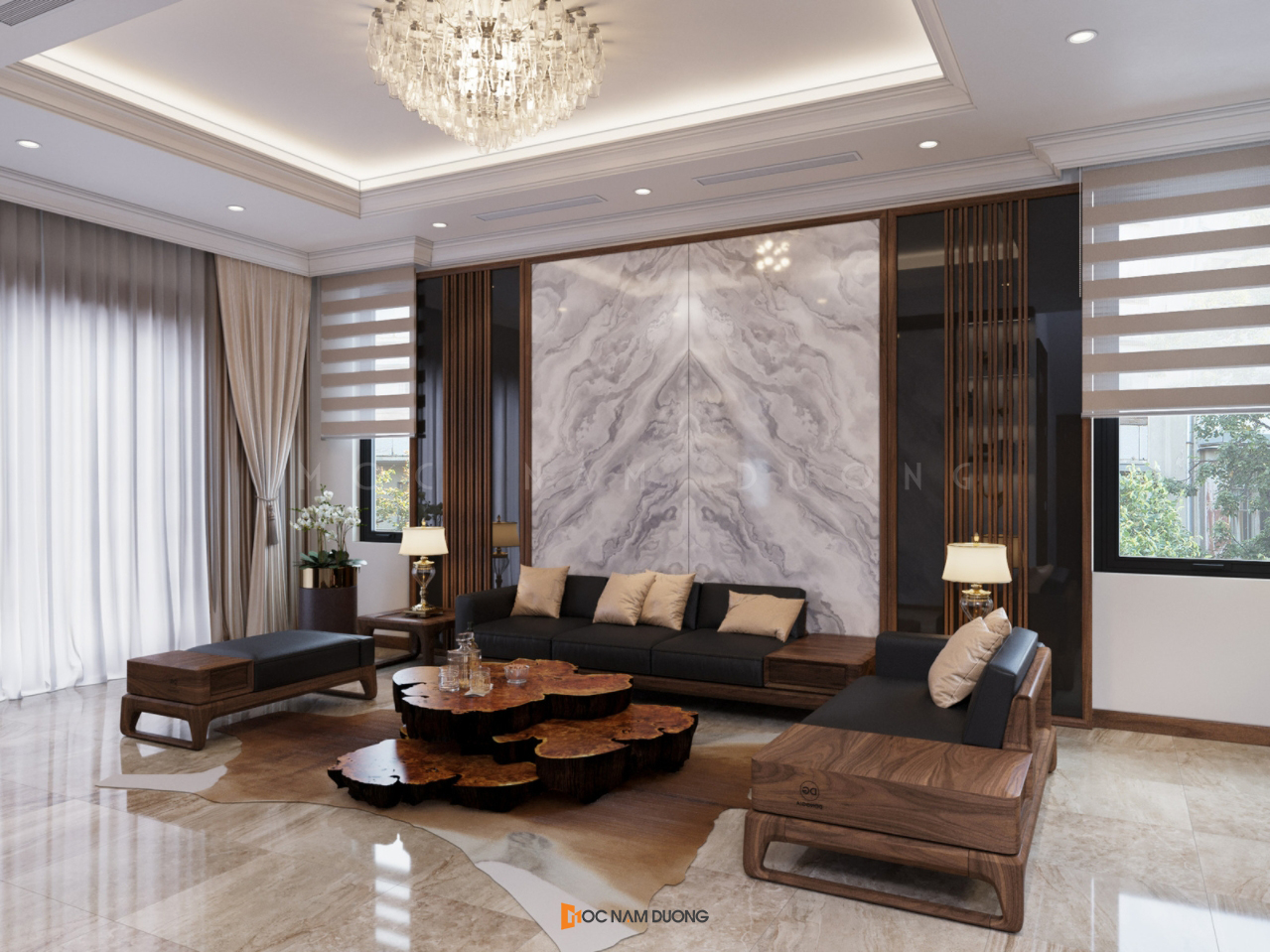 Không gian nội thất sang trọng với mẫu sofa gỗ óc chó chữ L