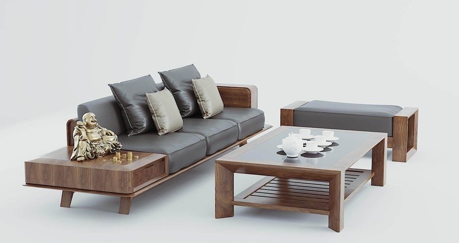 Mẫu Sofa gỗ óc chó hình chữ I hiện đại 