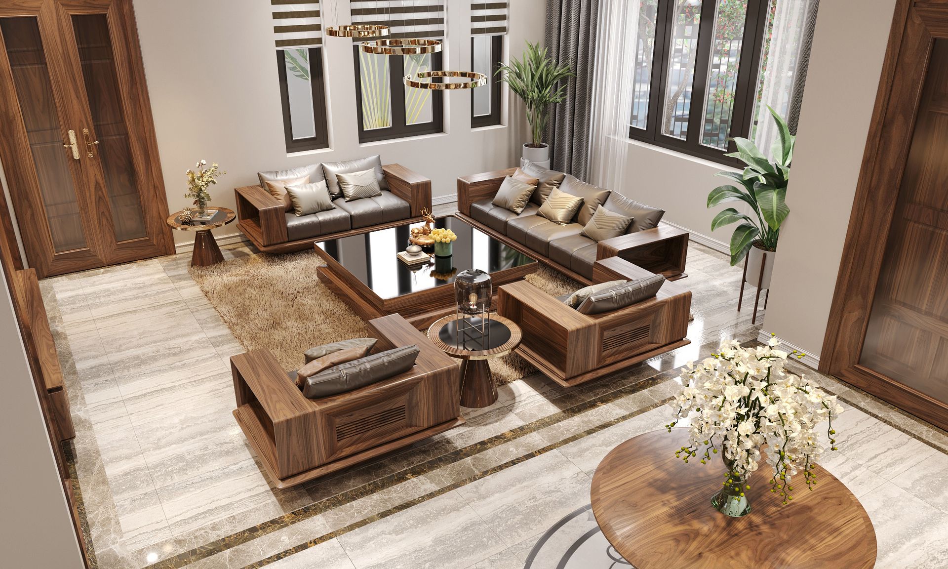 Sofa gỗ óc chó chữ U dành cho những phòng khách rộng thể hiện sự bề thế, uy nghi