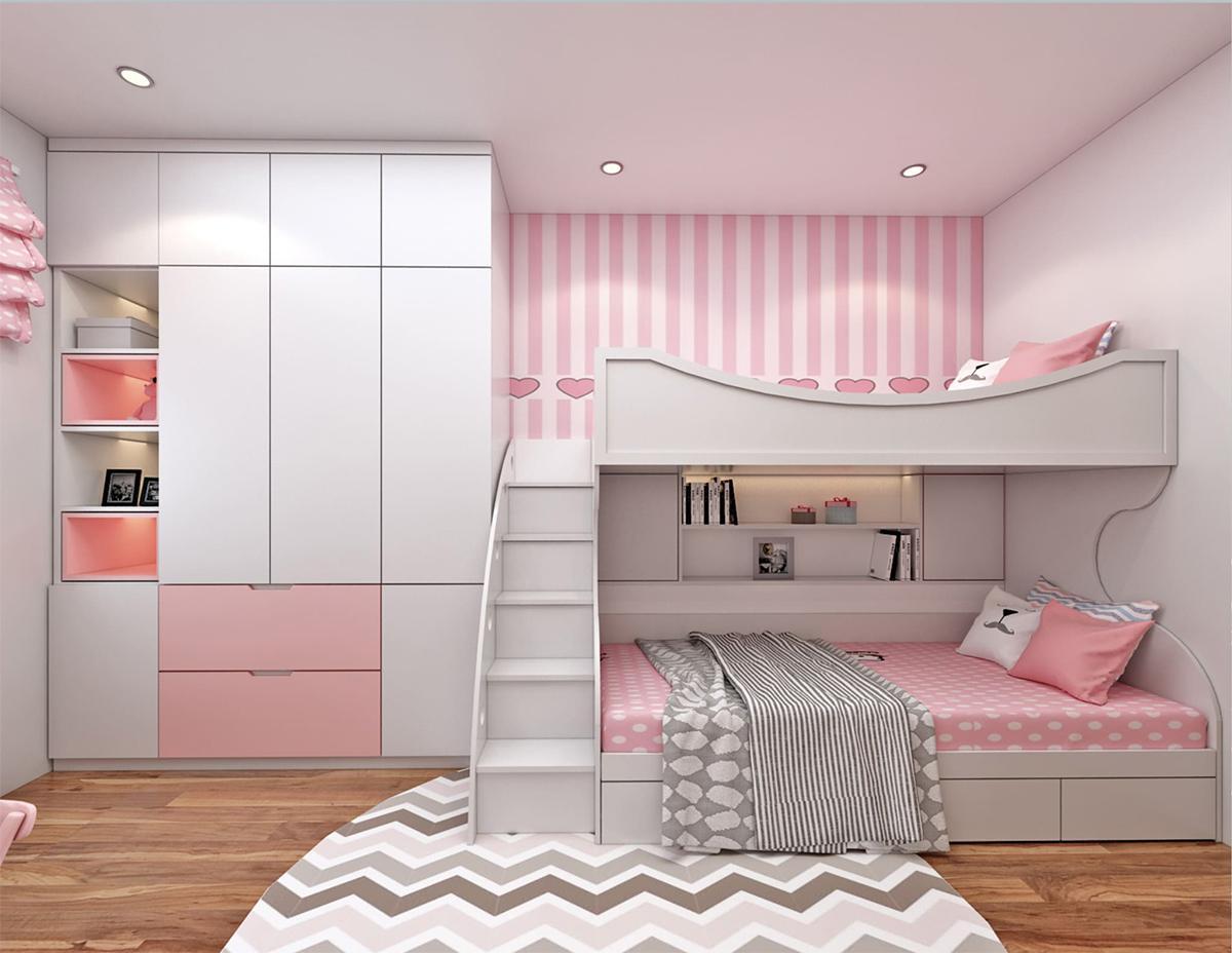 Mẫu giường hai tầng cho bé gái theo phong cách hiện đại 