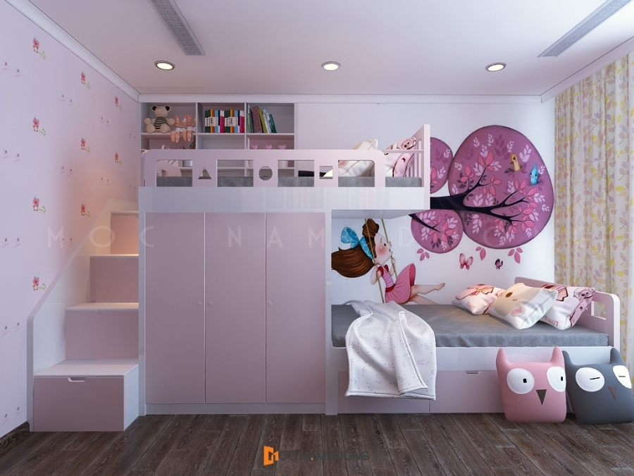 Mẫu giường tầng cho bé gái đẹp với tone màu hồng ấn tượng 