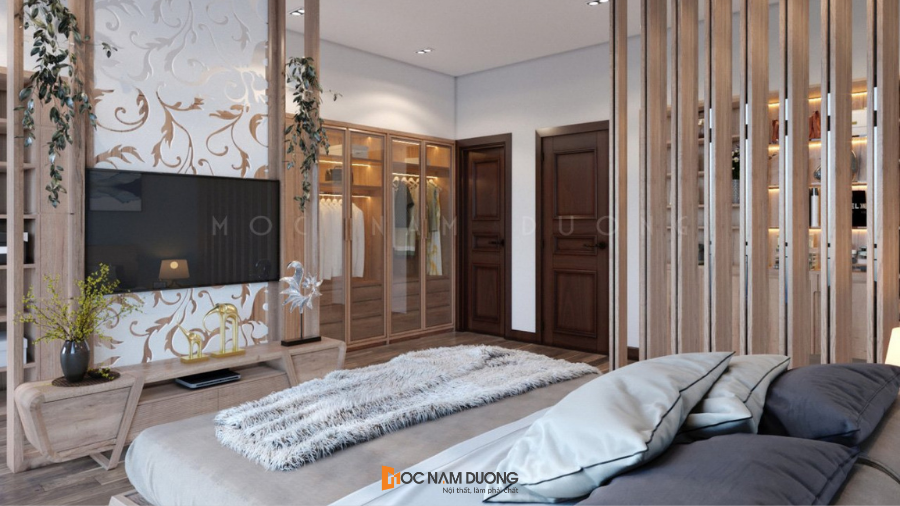Kệ tivi phòng ngủ gỗ tự nhiên là điểm nhấn nổi bật cho không gian sống hiện đại 