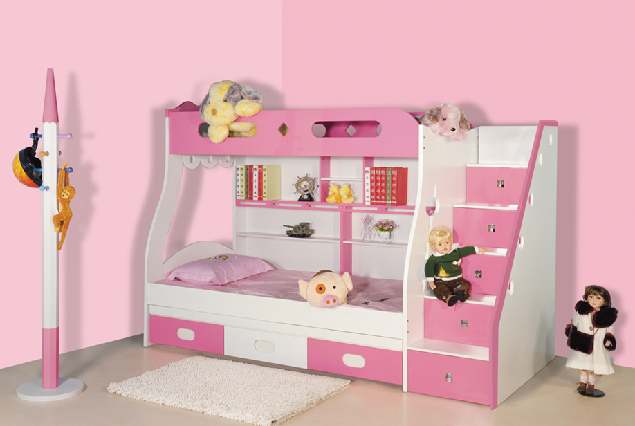 Mẫu giường hai tầng cho bé gái màu hồng trắng ấn tượng 