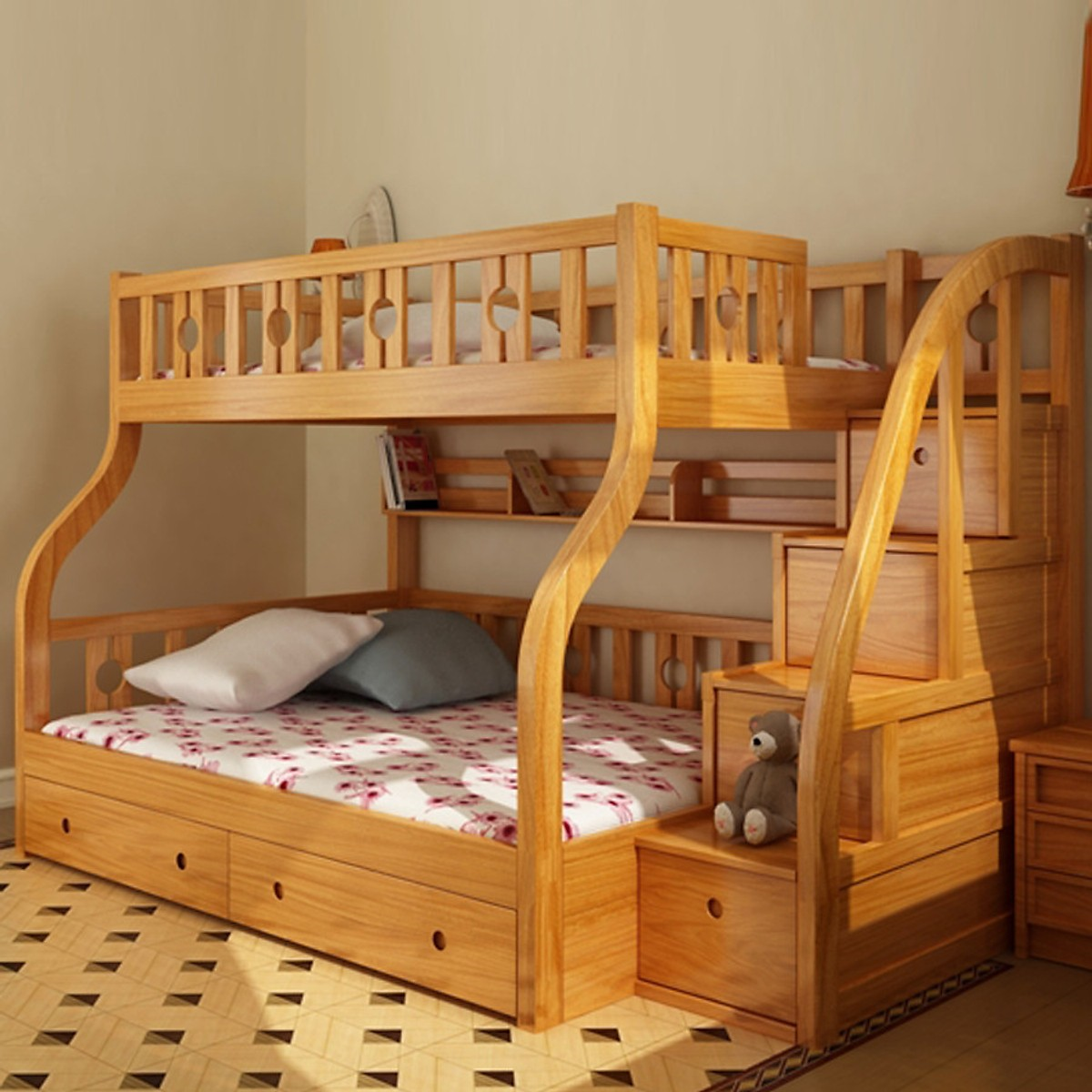 Mẫu giường tầng cho bé bằng gỗ xoan đào 