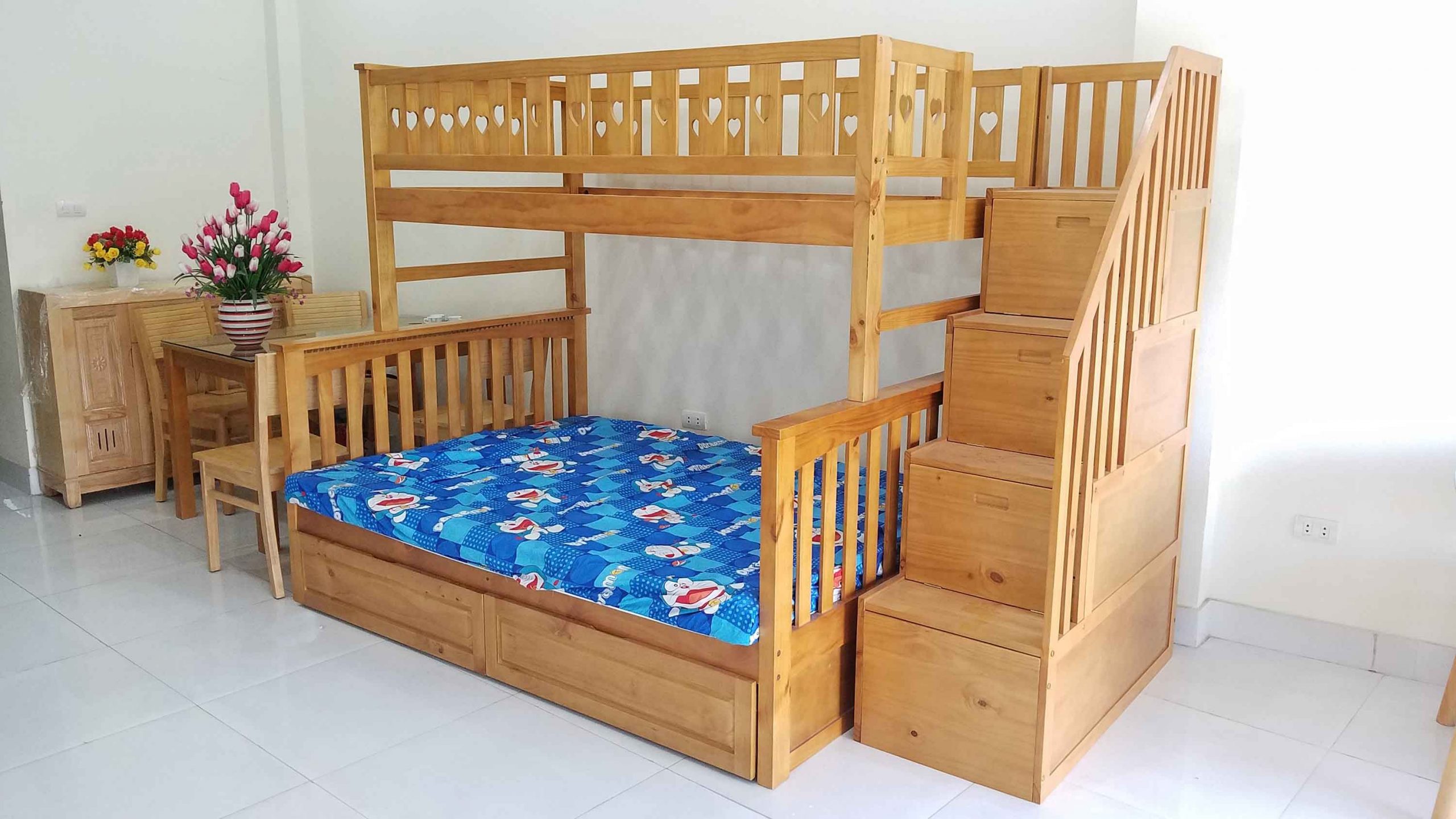 Mẫu giường tầng cho bé giá rẻ bằng gỗ thông 