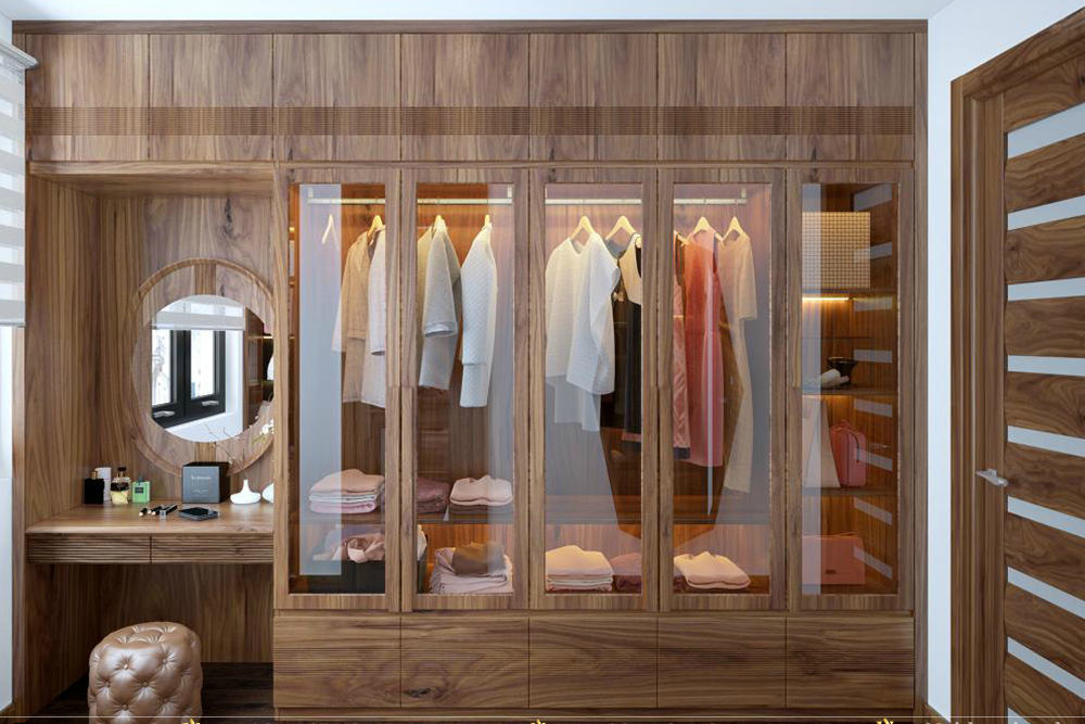 Mẫu tủ quần áo 6 buồng gỗ tự nhiên kết hợp kính cường lực sang trọng