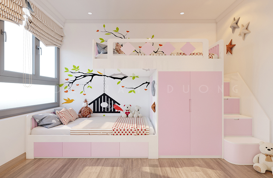 Mẫu tủ quần áo trẻ em gỗ công nghiệp An Cường kết hợp giường tầng ngủ cho bé gái