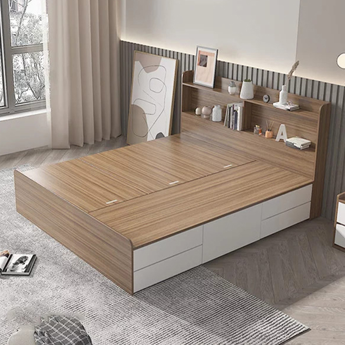 Mẫu giường gỗ công nghiệp kết hợp kệ trang trí đầu giường sản xuất theo yêu cầu khách hàng 