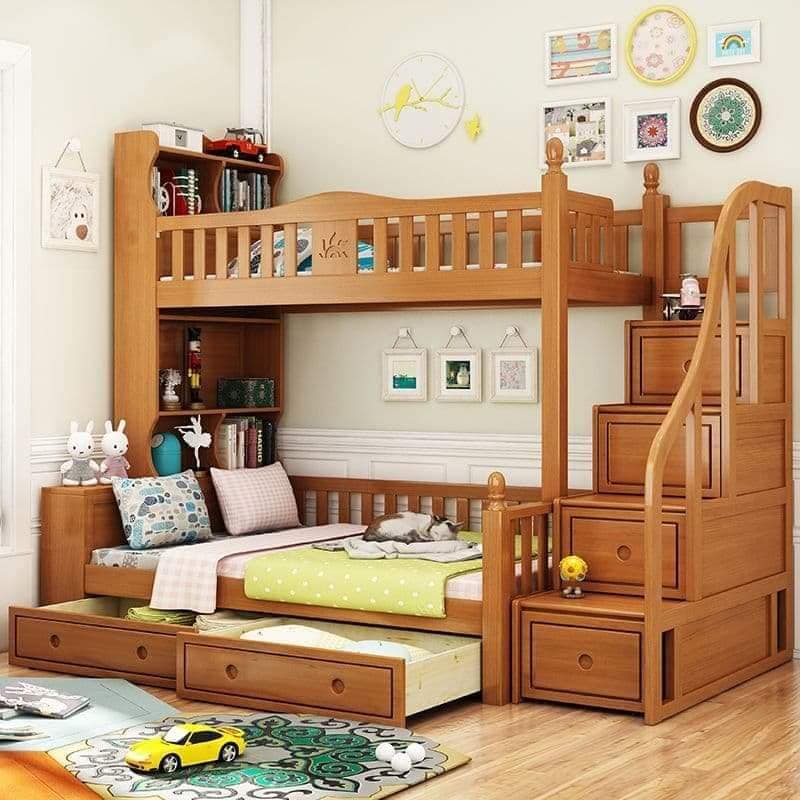 Mẫu giường tầng bằng gỗ tự nhiên với thiết kế nhiều ngăn kéo tiện lợi 