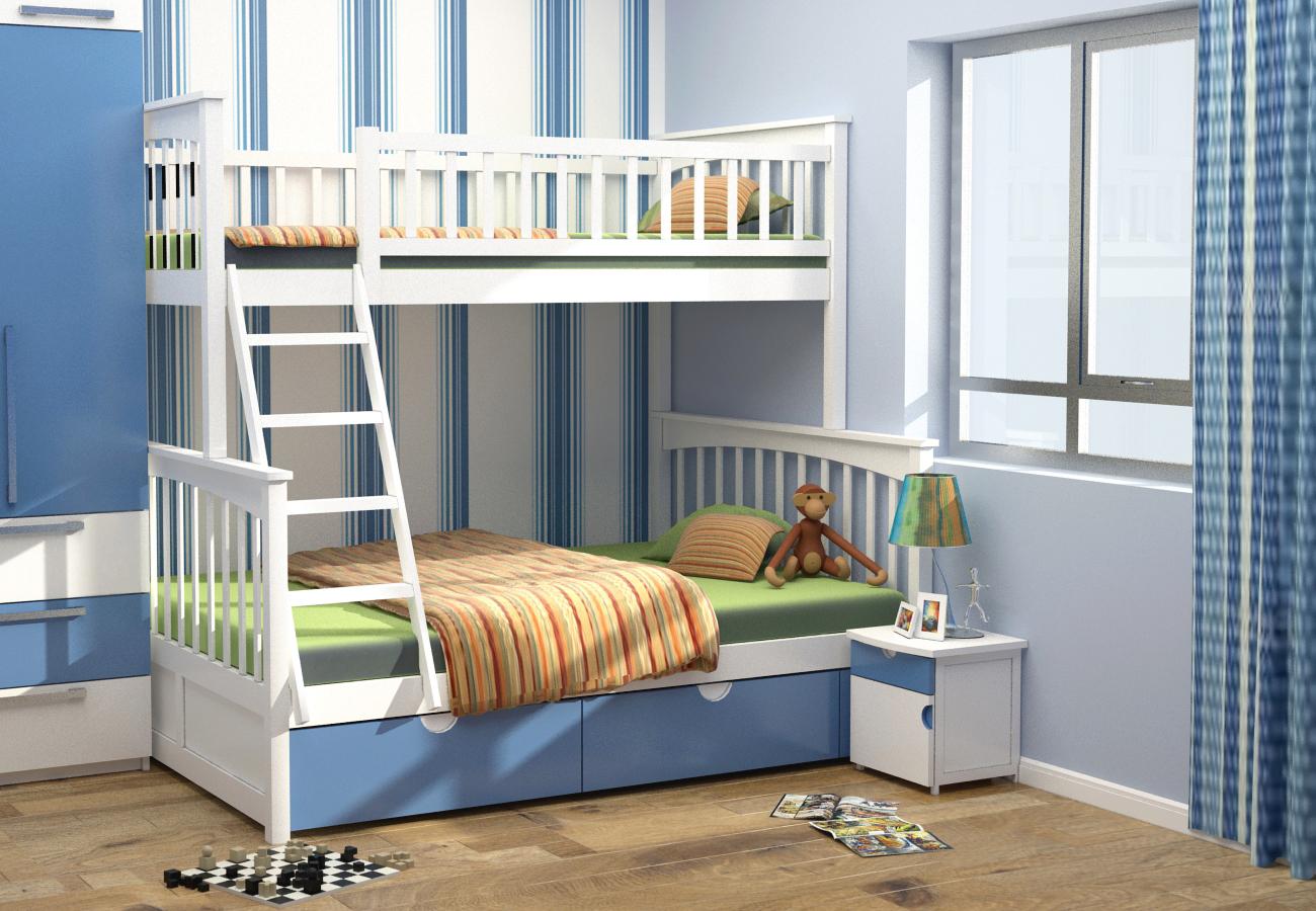 Giường hai tầng cho bé đơn giản với ga giường màu sắc dành cho bé gái 