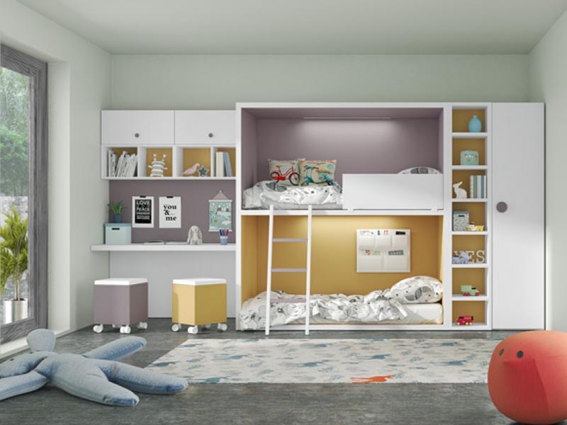 Mẫu giường tầng kết hợp tủ quần áo và bàn học cho bé gái 