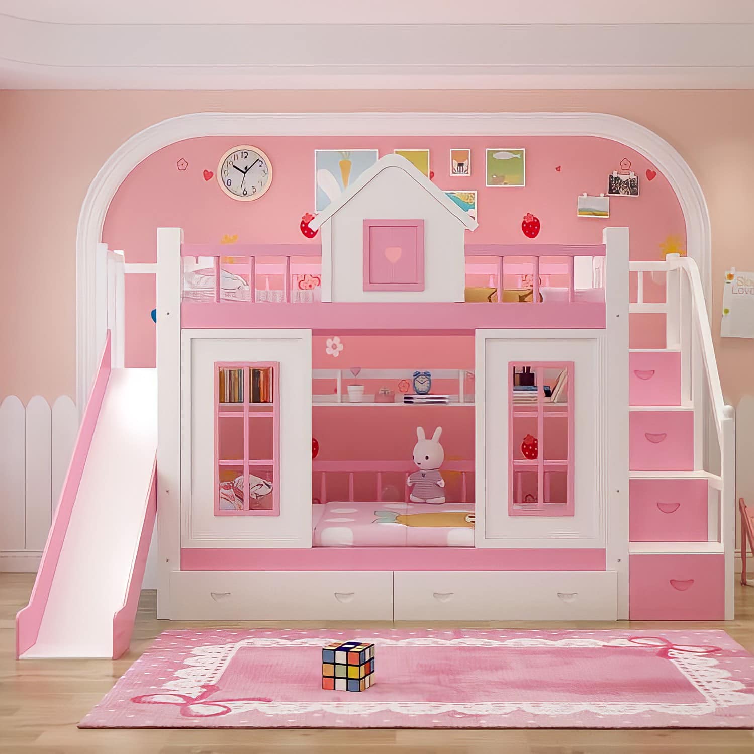 Mẫu giường tầng công chúa dành cho bé gái màu hồng 