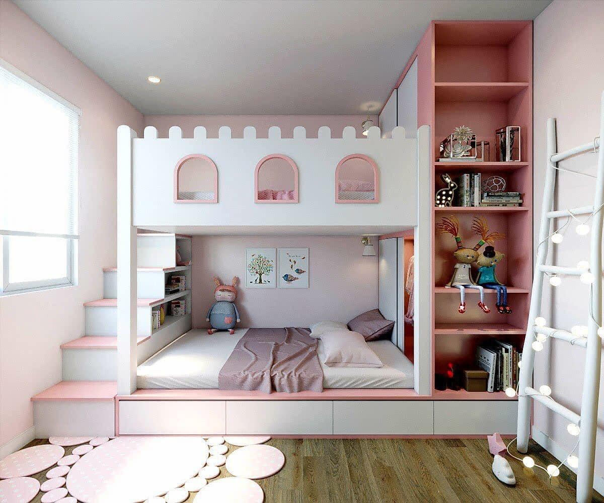 Mẫu giường tầng cho bé gái màu trắng hồng kết hợp nhiều ngăn kéo tiện ích 