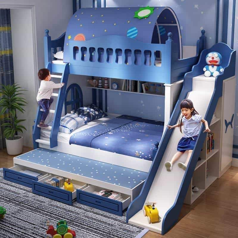 Mẫu giường tầng cho bé trai kèm khu vui chơi có cầu trượt tiện ích 
