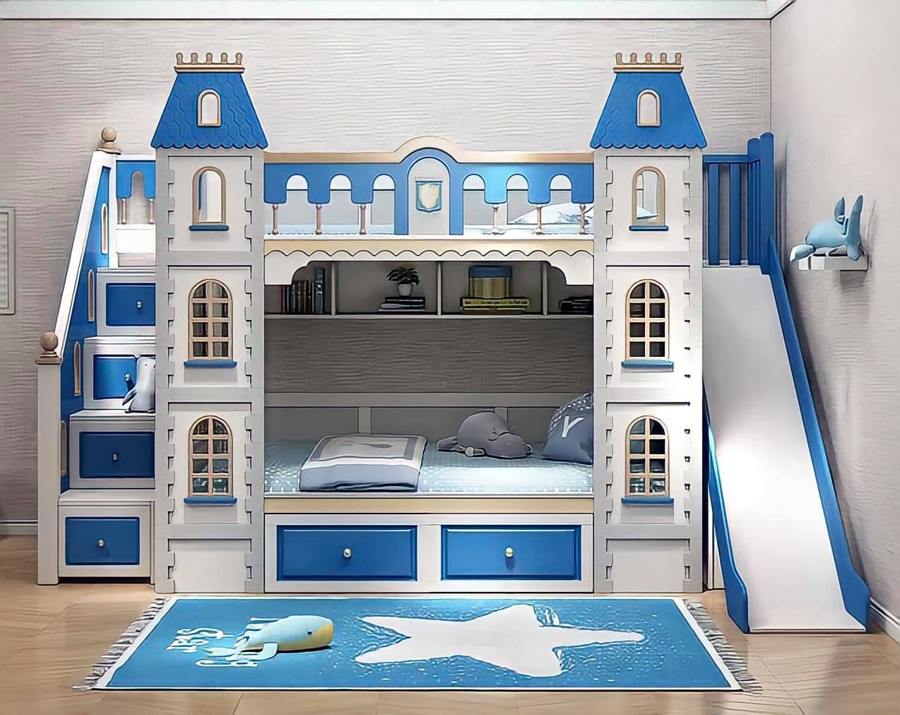 Mẫu giường tầng cho bé trai hình tòa lâu đài màu xanh 