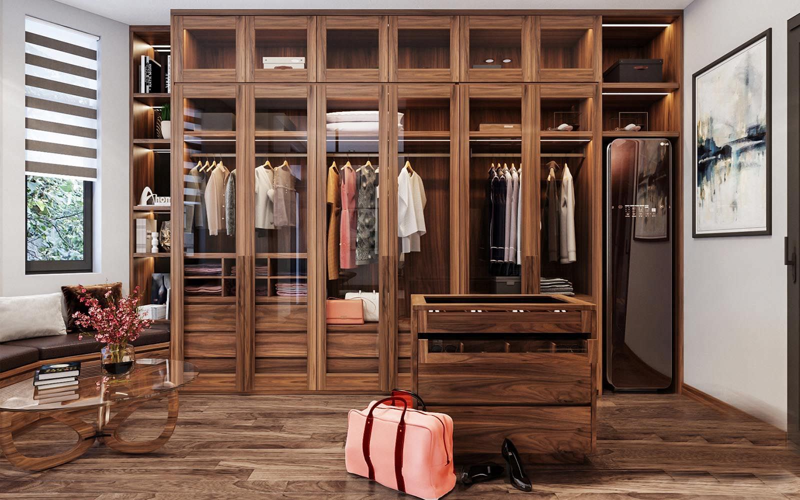 Tủ quần áo khung gỗ kết hợp kính cường lực sang trọng cho không gian biệt thự