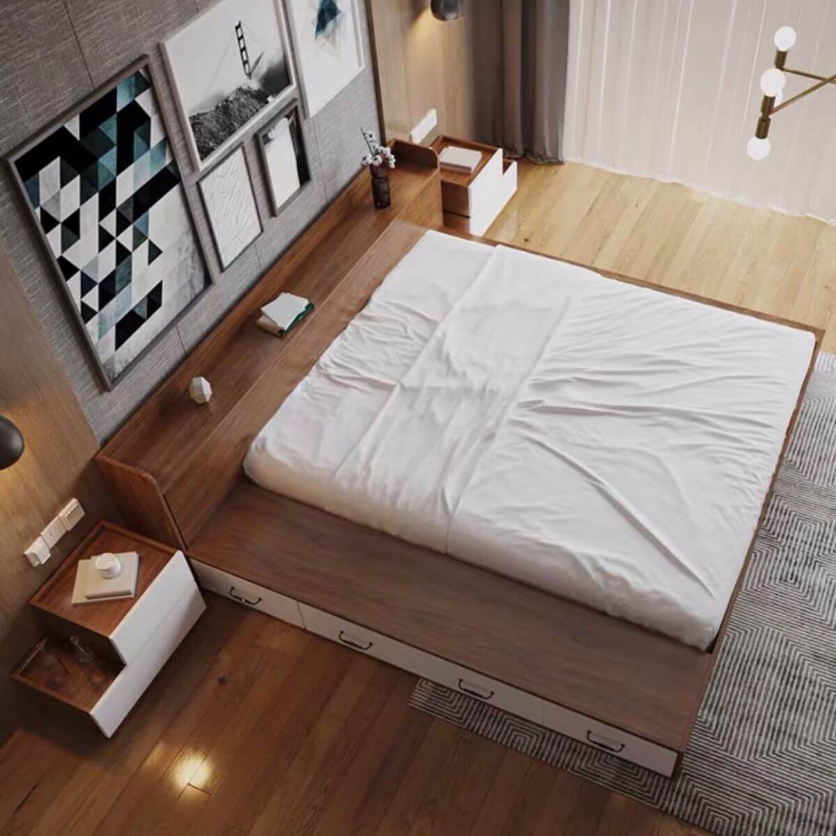 Mẫu giường Nhật gỗ công nghiệp đơn giản với thiết kế nhiều ngăn kép tiện ích 