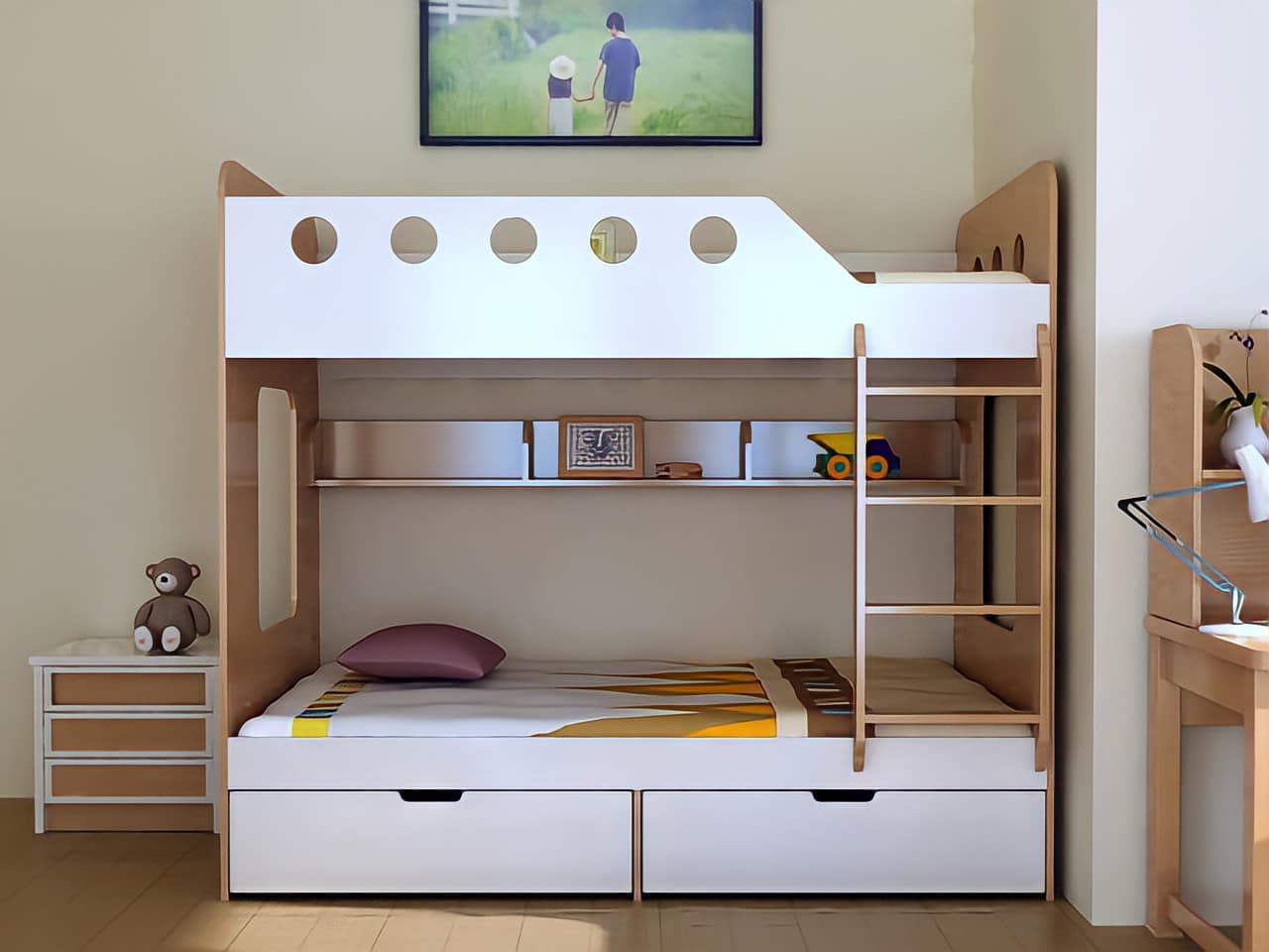 Mẫu giường tầng đơn giản với thiết kế nhiều ngăn kéo đơn giản 
