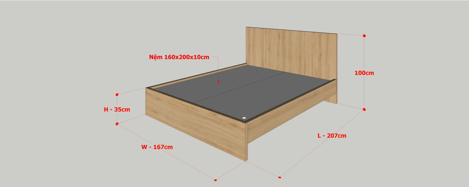 Kích thước giường gỗ óc chó nên phù hợp với không gian sử dụng