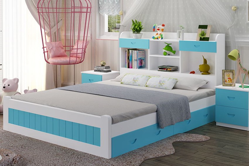 Mẫu giường đôi màu xanh dương hiện đại 