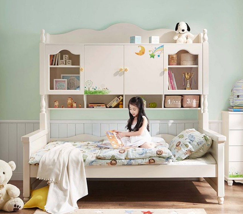Mẫu giường đơn cho bé kèm tủ đồ trang trí tiện ích 