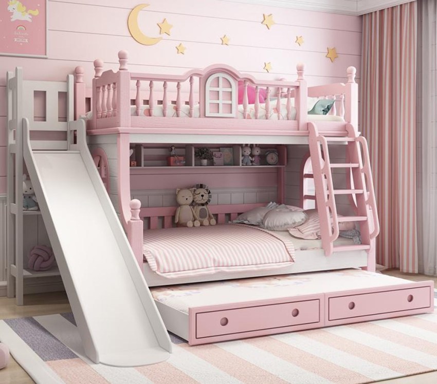 Mẫu giường dành cho bé gái với thiết kế cầu trượt kèm khu vui chơi tiện ích 