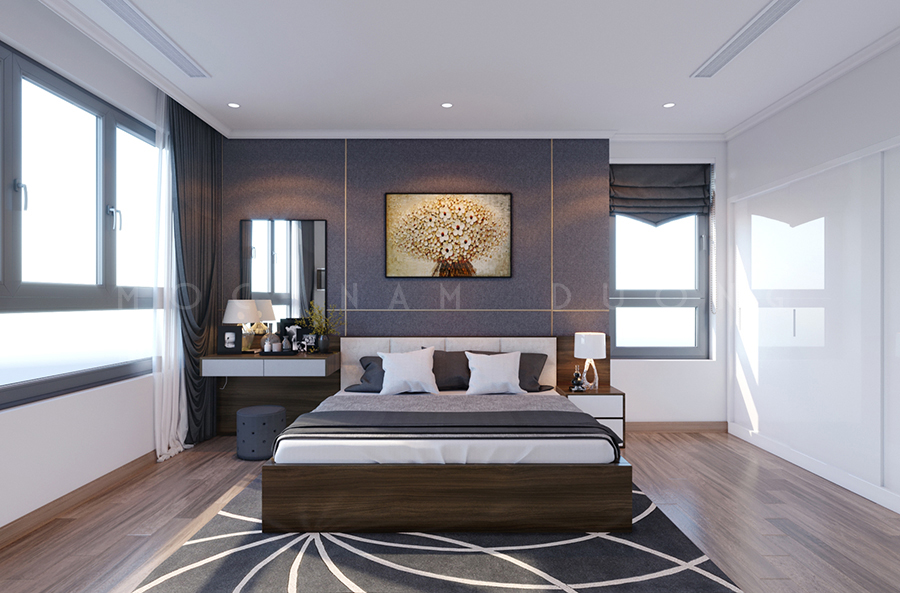 Căn phòng nổi bật hơn nhờ vách gỗ đầu giường được thiết kế độc đáo