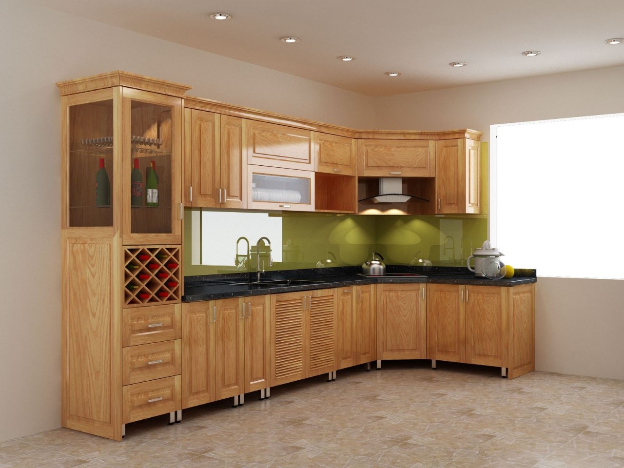 Mẫu tủ bếp góc xéo là lựa chọn hoàn hảo cho những không gian bếp bị góc vát