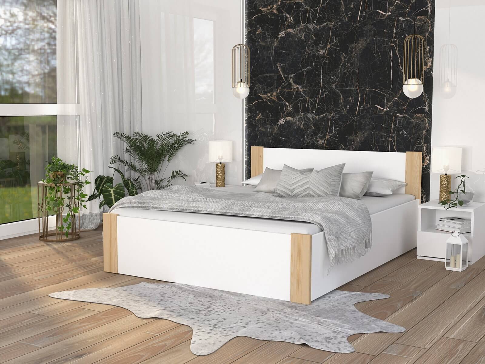 Giường ngủ gỗ công nghiệp màu trắng với thiết kế hiện đại  