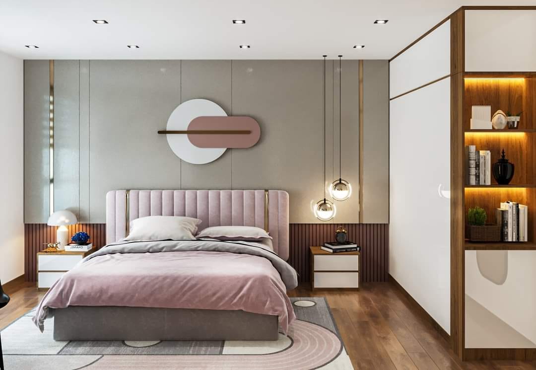 Mẫu giường gỗ công nghiệp bọc nỉ nhung đẹp tone màu hồng dễ thương 